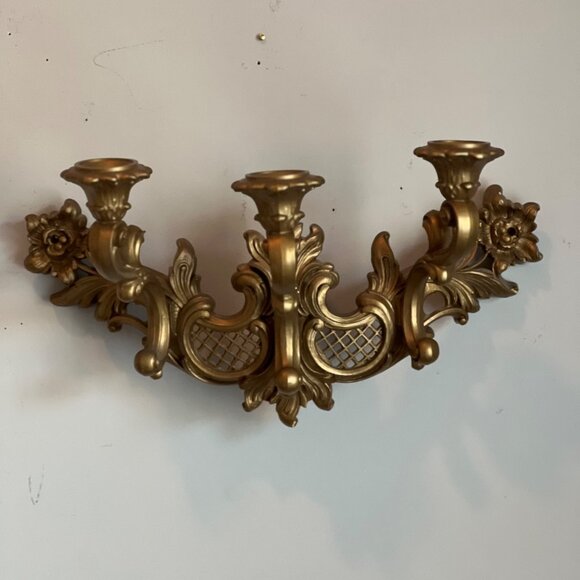 Gold Wall Mounted Candle Holder Vintage With Ornate Design 3 Candle Sconces Dart - Picture 1 of 6